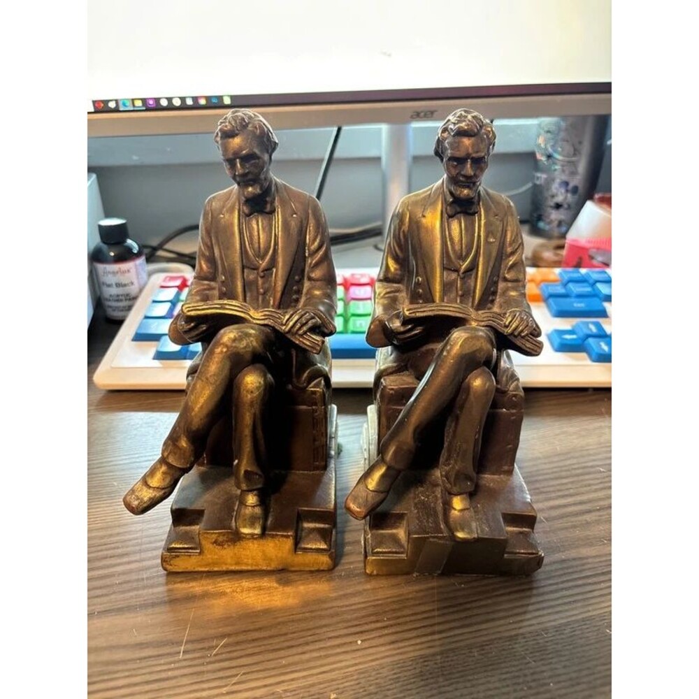 1920s Antique Large Bronze Clad Lincoln Bust Art Statue Sculpture Bookends